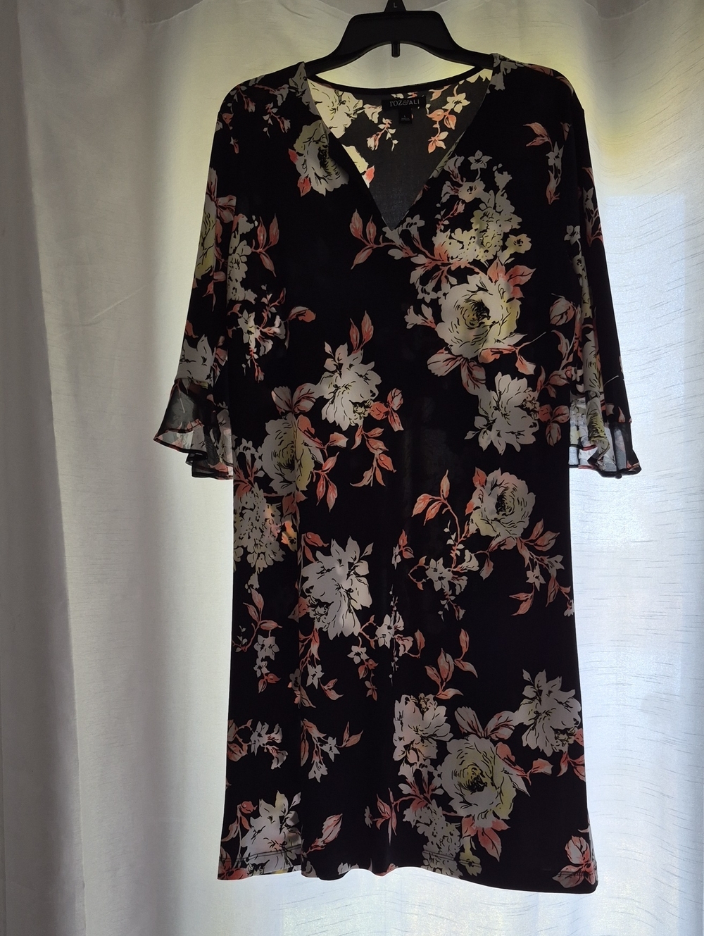 Roz & Ali Black Floral Wrap-Style Dress with Cream and Blush Blooms